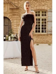 Old Money | Black Bodycon Sequin Maxi Dress With Feather Trim