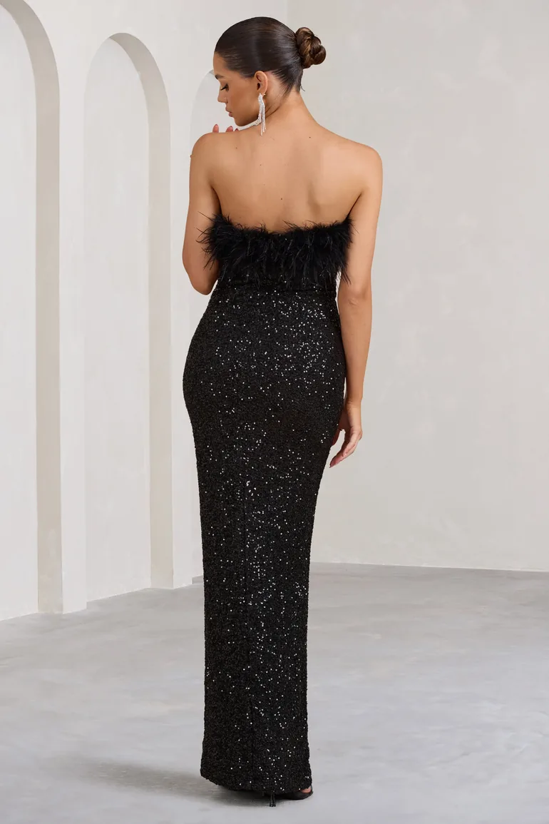 Old Money | Black Bodycon Sequin Maxi Dress With Feather Trim - 2