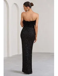Old Money | Black Bodycon Sequin Maxi Dress With Feather Trim - 2