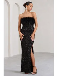 Old Money | Black Bodycon Sequin Maxi Dress With Feather Trim - 5