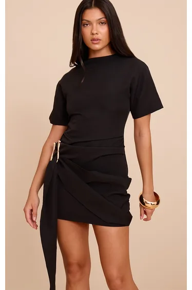 Black Woven Trim Wrap Mini Dress