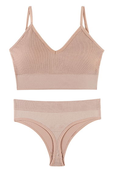 Plain Ribbed Lingerie Bra Top and Thong Set in Light Pink