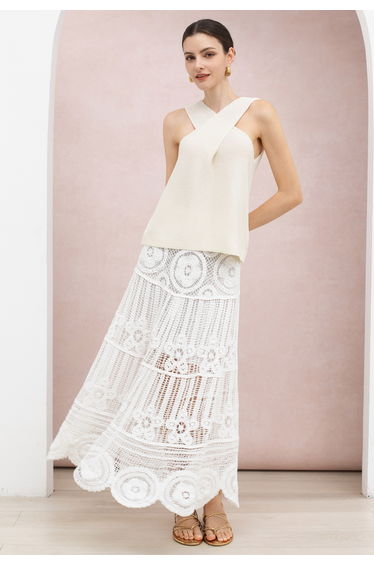 Boho Crochet Floral Motifs Cotton Maxi Skirt in White for Beach Vacations & Sun-Kissed Brunches