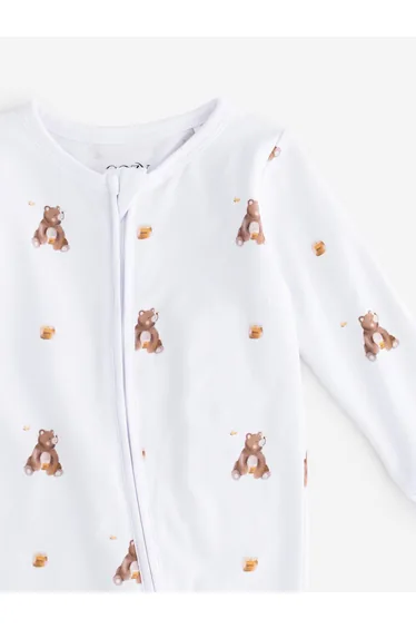 Cozy Crew Club Baby Bear Cotton Zip Sleepsuit One Piece in White