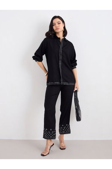 Women Black Mirror-Work Longline Shirt and Pants Co-Ords