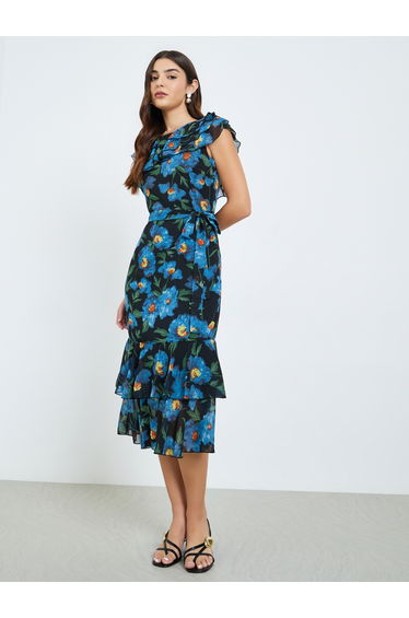 Women Floral Print Frill Sleeves Sheath Midi Dress