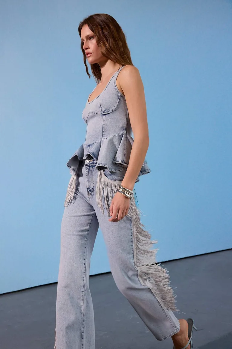Limited Edition Light Blue Tassel Detailed High Waist Wide Leg Jeans - 6
