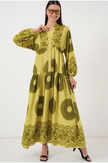 BDART Patterned V-Neck Maxi Dress with Button Closure