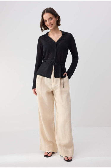 Wardrobe Essentials Black Belt Detailed Shirt Collar Slim Knitwear Cardigan