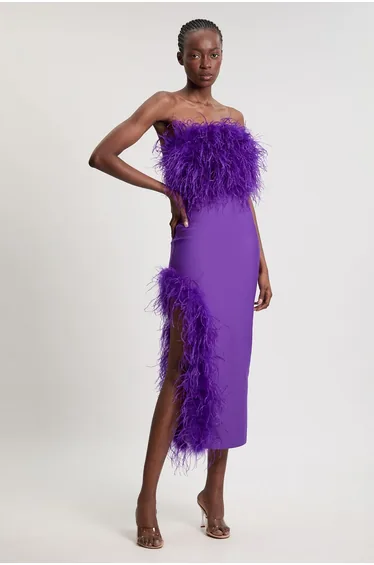 Figure Form Bandage Feather Detail Bandeau Knit Midi Dress