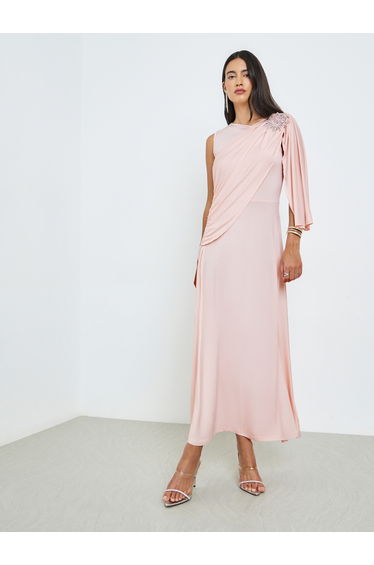 Pink Embellished Draped Midi Dress