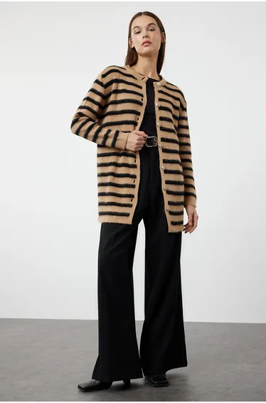 Brown Striped Gold Button Detailed Soft Textured Knitwear Cardigan