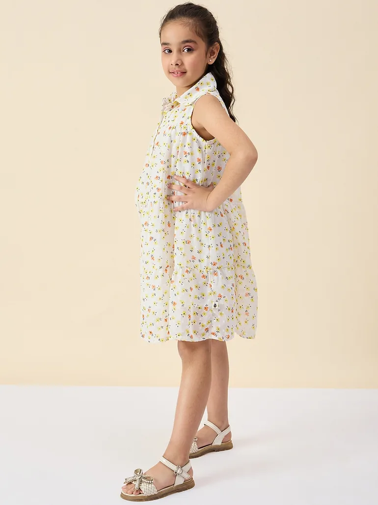 Girls Floral Print Dobby Sleeveless Dress - 2