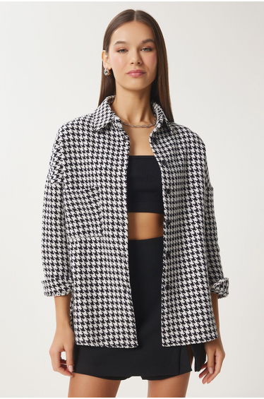 Women's White Black Crowbar Pattern Oversized Wool Stamped Shirt