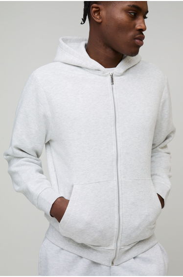 Basic Regular Zip Through Hoodie - grey marl