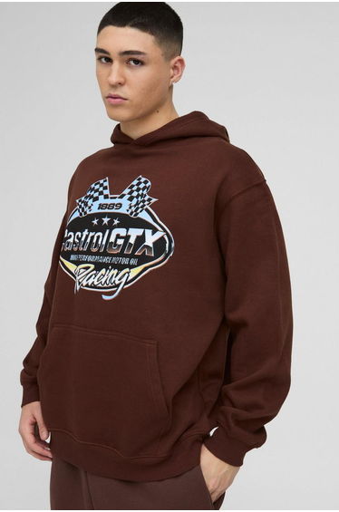 Oversized Castrol Racing License Print Hoodie - chocolate