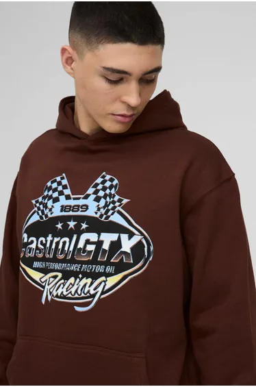 Oversized Castrol Racing License Print Hoodie - chocolate