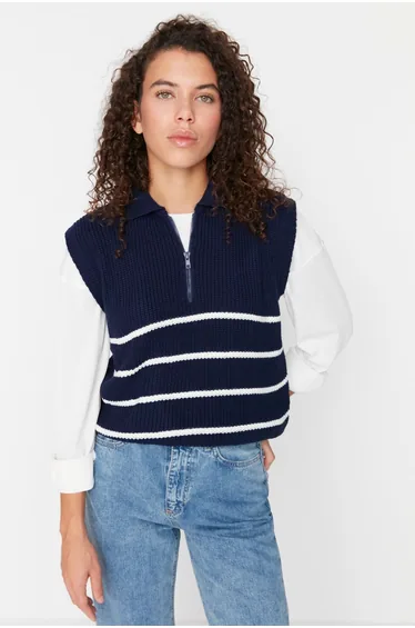 سويتر محبوك مخطط بسحاب - كحلي