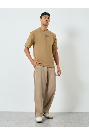 Men Beige Solid Baggy Pants with Key Loop