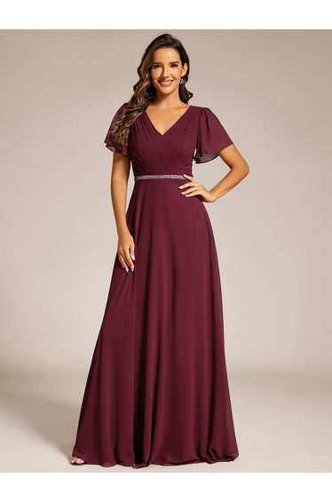 ever LAYLAH|Pleated A-Line Chiffon Formal Evening Dress with Short Sleeves and Sequin Waist