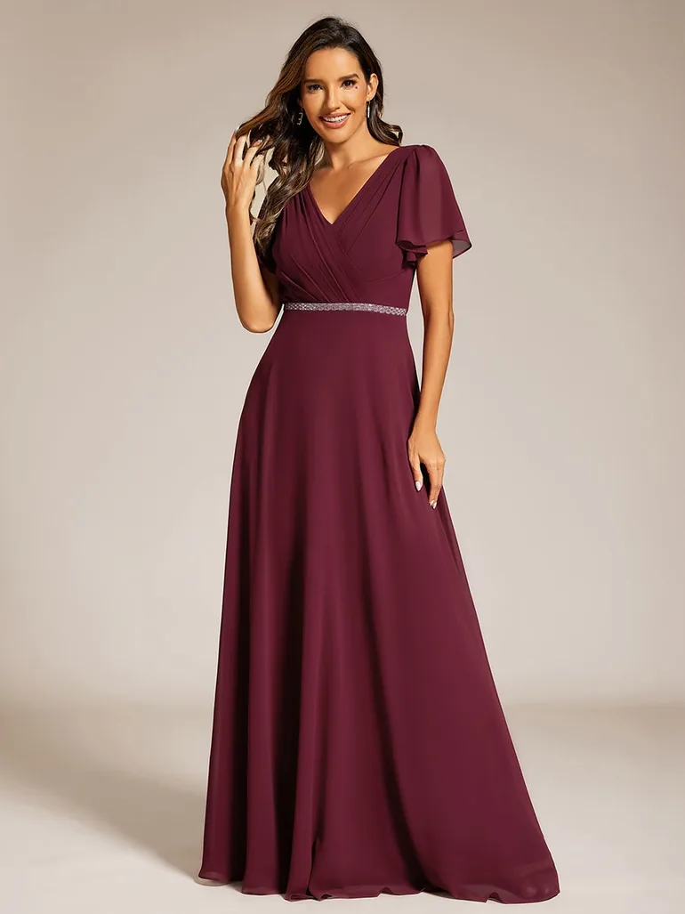ever LAYLAH|Pleated A-Line Chiffon Formal Evening Dress with Short Sleeves and Sequin Waist - 1