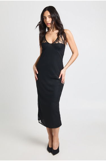 Mesh Bodycon Dress With Lace Cup Detail - black