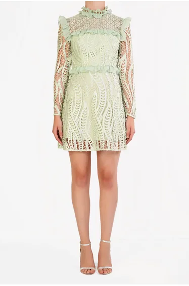Sage Green Long Sleeve Lace Mini Dress