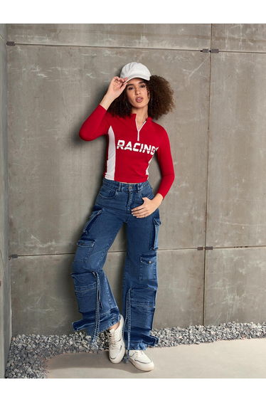 Red Racing Print High Neck Fitted T-Shirt