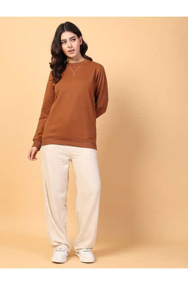 Women Brown Neck Stitch Detail Basic Fleece Sweatshirt