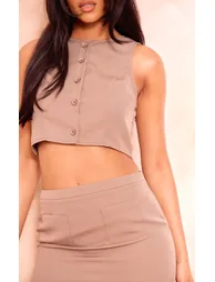 Tall Taupe Button Up Cropped Waistcoat - 3