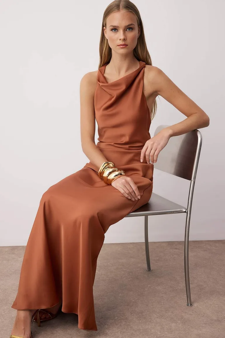 Brown Bodycon Satin Woven Maxi Evening Prom Dress Trendyol : Evening Dresses  : VogaCloset Qatar
