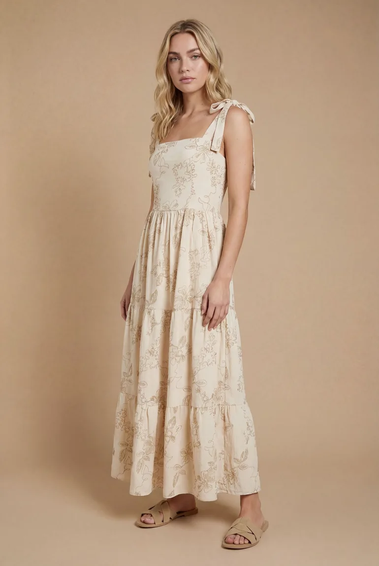 Metallic Embroidered Floral Strappy Tie Midi Dress