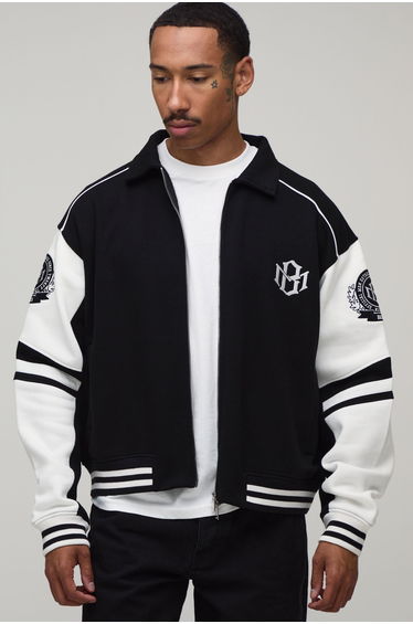 Boxy Fit Collared Colour Block Varsity Jersey Jacket - black