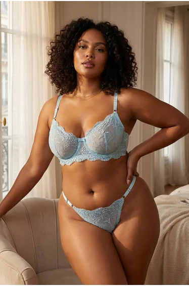 Blue embroidered floral plus size lingerie set