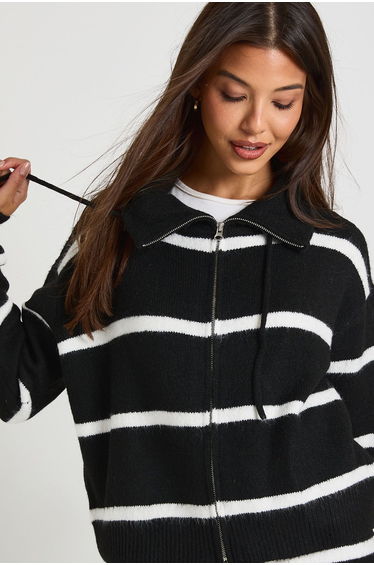 Zip Through Stripe Knitted Jumper - mono