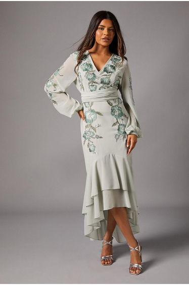 Petite Sequin Embellished And Embroidered Hi-Lo Maxi Dress