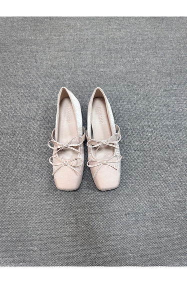 Women Beige Square Toe Bow Detail Ballerina Shoes