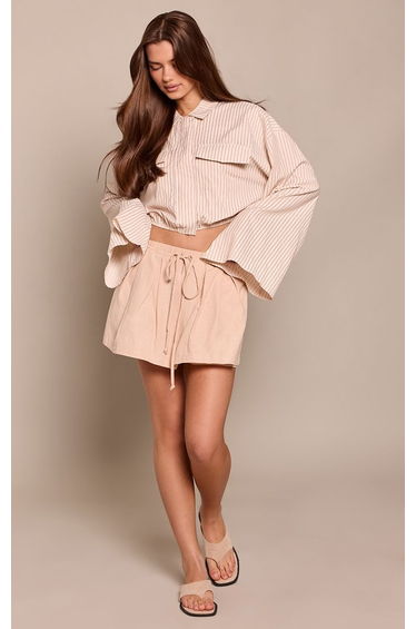Sand Cotton Linen Blend Tie Panel Detail Mini Skirt