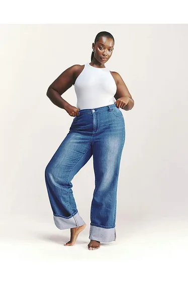 Blue Straight Leg Turn Up Drape Jeans