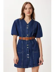 ISTANBUL Denim V-Neck Mini Dress with Belt - 1