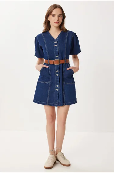 ISTANBUL Denim V-Neck Mini Dress with Belt