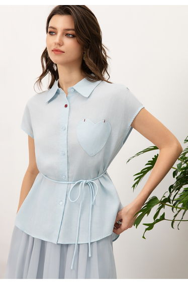 Heart Pocket Tie-Waist Buttoned Cotton Shirt in Light Blue product thumbnail 3