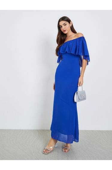 Women Blue Off-Shoulder Sheath Maxi Dress