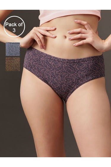 Pack of 3 - Leaf Print Mid Waist Hipster Panties- 100% Cotton