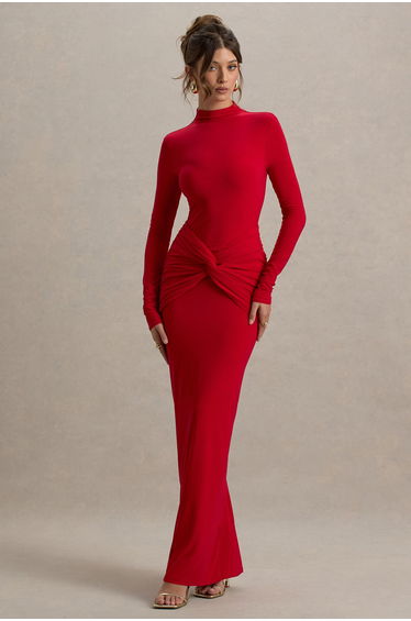 Alula | Red High-Neck Maxi Dress With Twist Detail