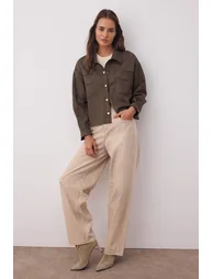 Khaki Gold Button Detailed Suede Shirt Jacket - 1