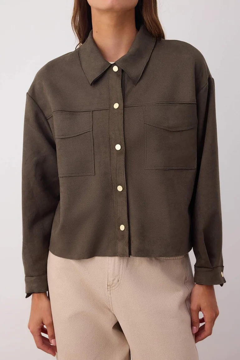 Khaki Gold Button Detailed Suede Shirt Jacket - 2