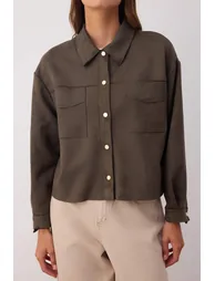 Khaki Gold Button Detailed Suede Shirt Jacket - 2