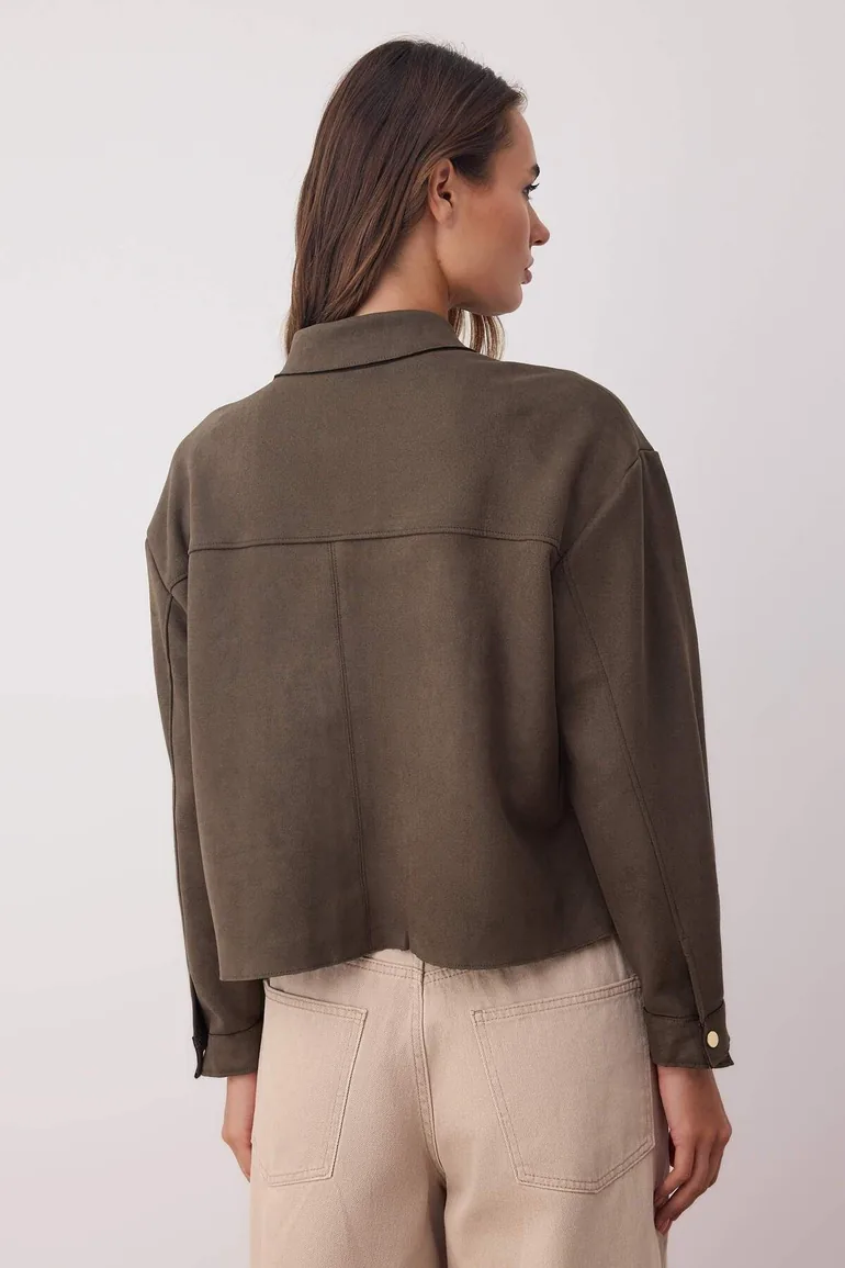 Khaki Gold Button Detailed Suede Shirt Jacket - 3