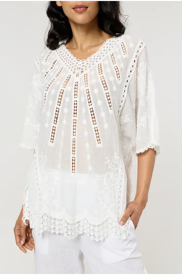 White Cotton Lace Detail Boho Blouse